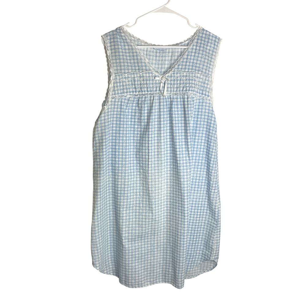 Ashley Womens Gingham Nightgown Size L Blue Seersucker Lace Trim Vintage Style